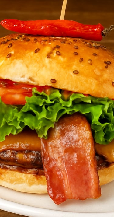 Hamburguesa gourmet con queso y tocino, acompañada de lechuga fresca, tomate y chile rojo.