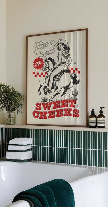 Vintage cowgirl bathroom wall art with western illustration and Sweet Cheeks typography