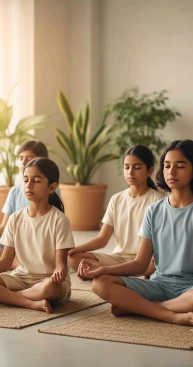 Children practicing calm behavior and emotional regulation skills in mindfulness training session