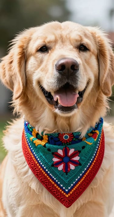 Perro feliz raza Golden Retriever con un collar con adorno de pañoleta bordada