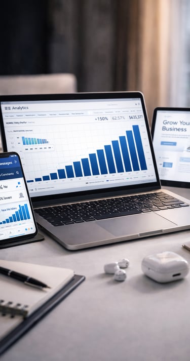 Business growth analytics on laptop and mobile showing increasing traffic and performance data