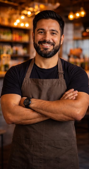 Local business owner smiling in restaurant representing small business clients and services