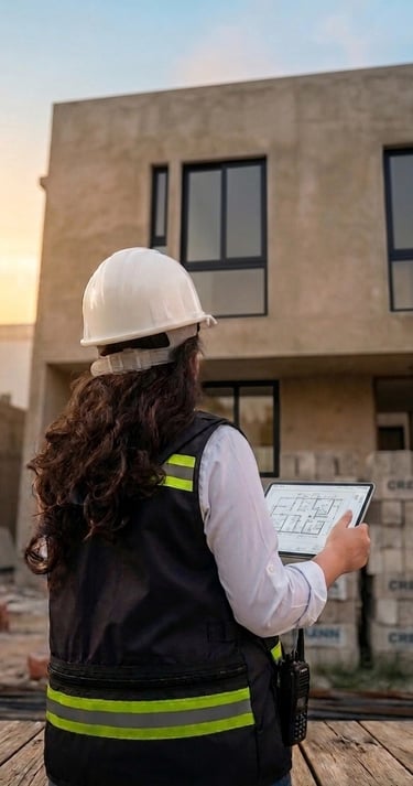 Arquitecta con chaleco de seguridad enfrente de una obra en construccion 