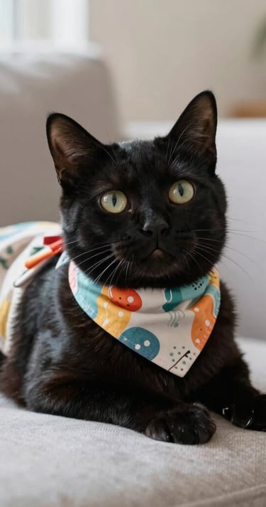 Un gato negro con un colorido pañuelo y un chaleco estampados 