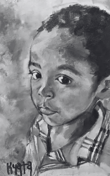 A black and white charcoal portrait painting of a young boy looking off-camera with a thoughtful expression.