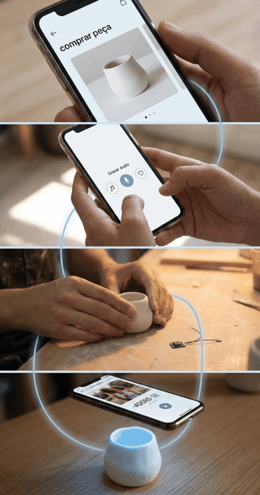 Pessoa usando um aplicativo de smartphone para gravar áudio e sincronizá-lo com uma tigela de cerâmi
