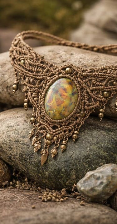 Collar de macramé hecho con piedra de tigre sobre rocas