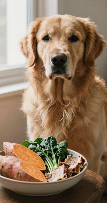 Perro golden retriever con alimentos sanos