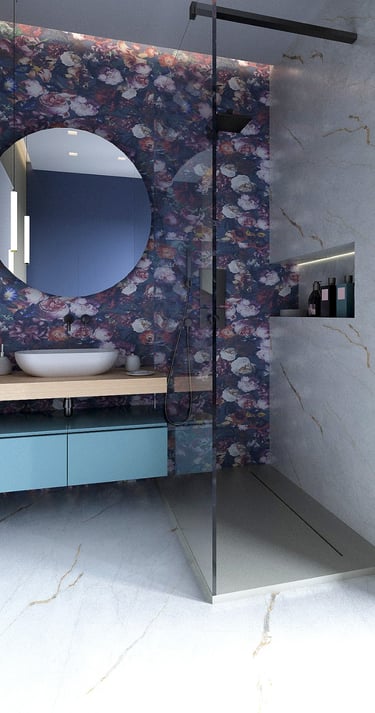 a bathroom with a blue vanity and a mirror
