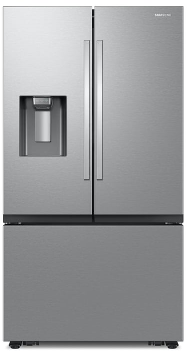 A samsung stainless steel french door refrigerator with a water and ice dispenser.