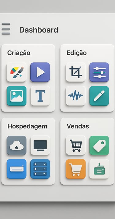 Dashboard-ferramentas-digitais-organizadas-categoria-criação-edição-hospedagem-vendas