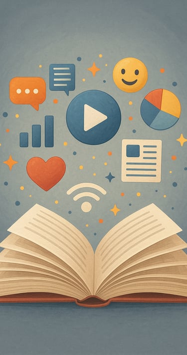 Ilustração-conceitual-storytelling-digital-livro-aberto-elementos-digitais-saindo-das-páginas