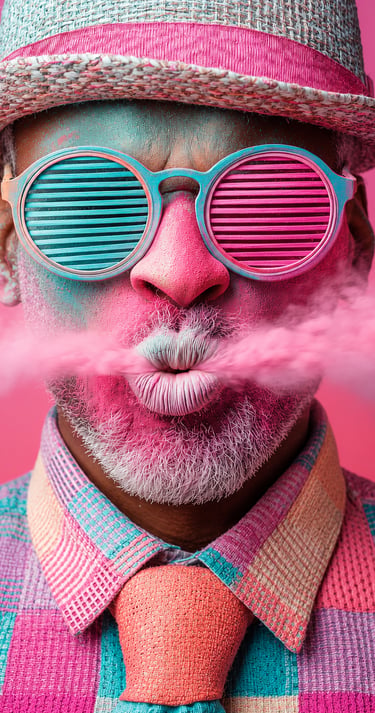 Homme au style pop et coloré, branding audacieux pour entrepreneur singulier.