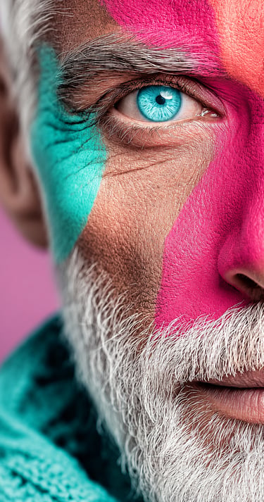 Homme au visage peint de couleurs vives, une image de marque qui s'affirme.