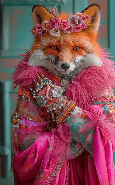 Renard anthropomorphe vêtu d'une robe rose ornée de bijoux, coiffé d'une couronne de fleurs.