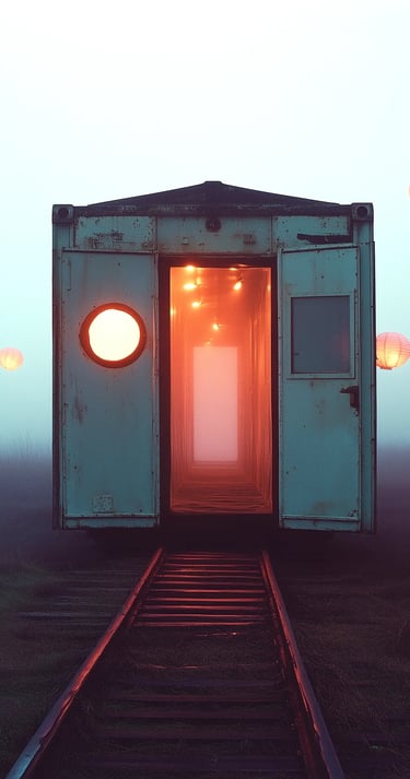 Wagon abandonné éclairé de l’intérieur, posé sur des rails brisés, lanternes flottantes en arrière-plan.