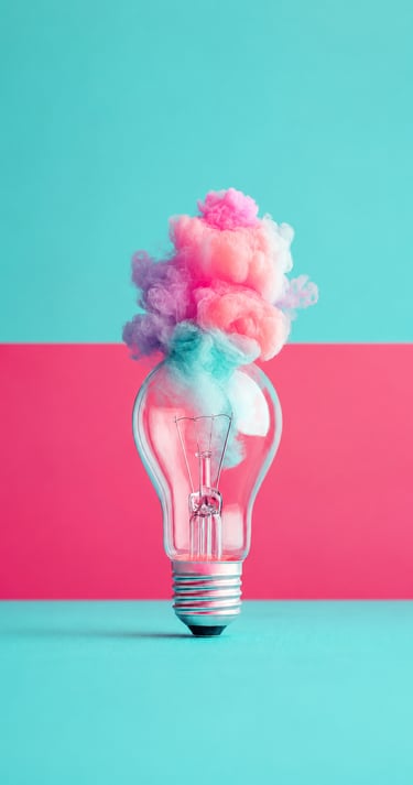 Ampoule transparente laissant échapper une fumée pastel mauve et rose, illustrant l'idée créative au cœur d'une collaboration