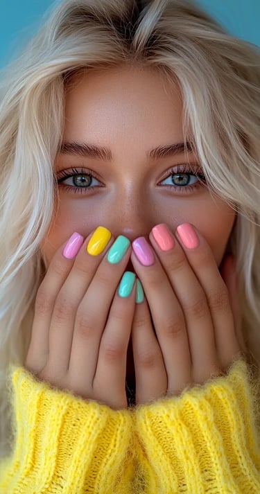 Femme blonde en pull jaune, mains sur le visage, ongles pastel colorés, fond bleu vif.