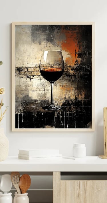 Tableau artistique d’un verre de vin rouge sur fond texturé, encadré et exposé en intérieur moderne.