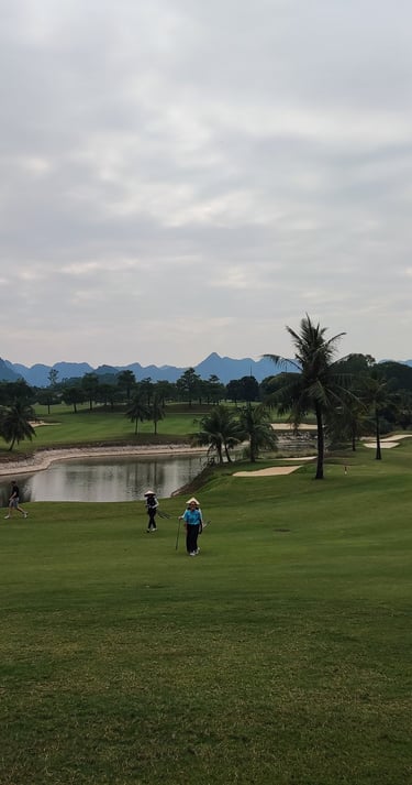 a man is playing golf on a golf course in Vietnam