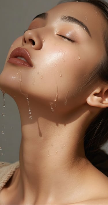 Woman with glowing clear skin and water droplets dripping down her face for a hydrating skincare concept.