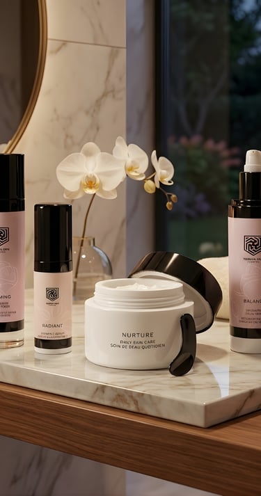 Luxury skincare set featuring face cream and serums on a marble bathroom vanity with a candle and orchid.