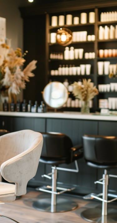 Modern hair salon interior with luxury styling chairs, professional products, and floral decor.