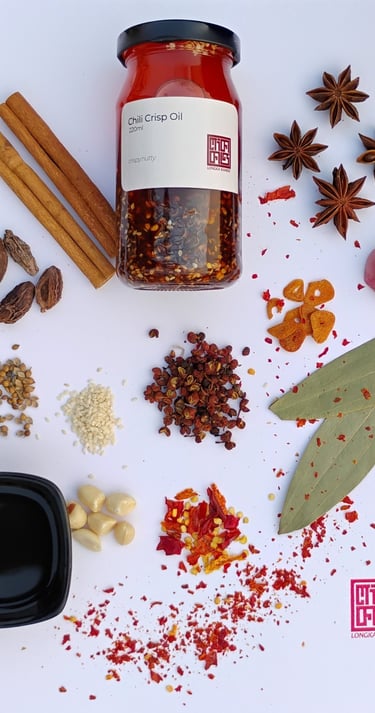 a jar of Longka Kando's Chili oil and spices on a table