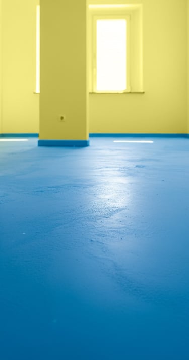 imagem de uma sala vazia com o piso pintado em azul claro e as paredes e colunas em amarelo.