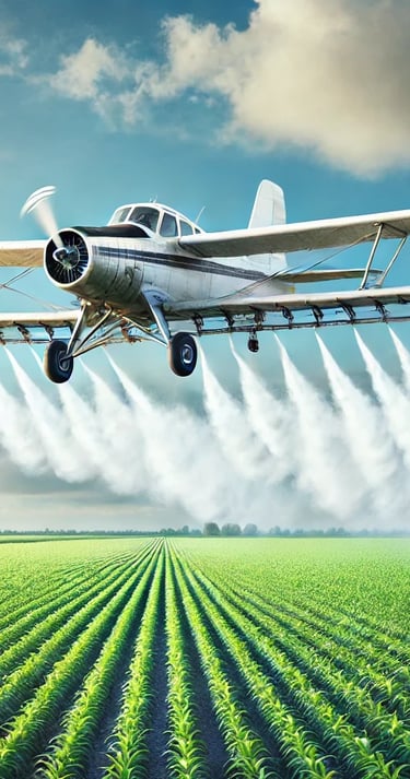 avião sobrevoando plantação para pulverizar produtos