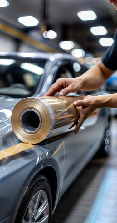 homem envelopando o capô de um carro cinza com um filme transparente.