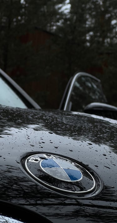 bmw logotipas ant automobilio gaubto, demonstruojantis hidrofobinį paviršių