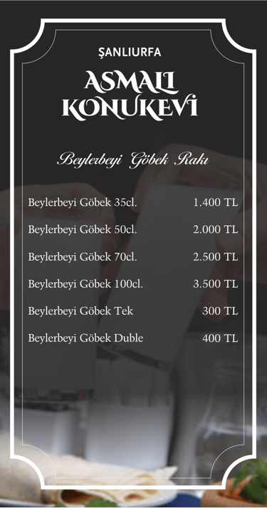 Asmalı Konukevi | Rakı Menü | Şanlıurfa Rezervasyon | 0537 036 20 63