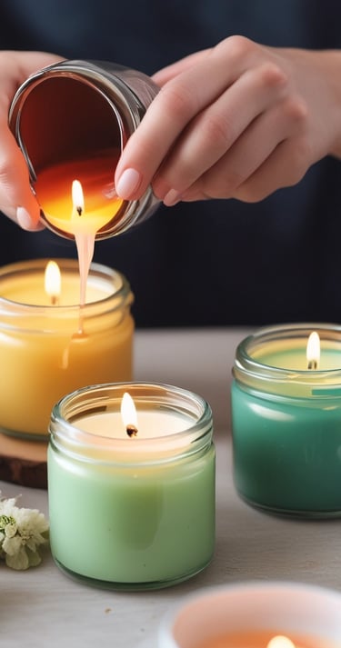 Hand pouring melted soy wax into colorful glass jars for handmade scented candle making.