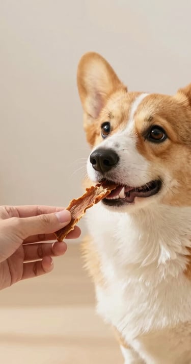 Un perro Pembroke Welsh Corgi tomando felizmente un premio natural de carne seca de la mano de una p