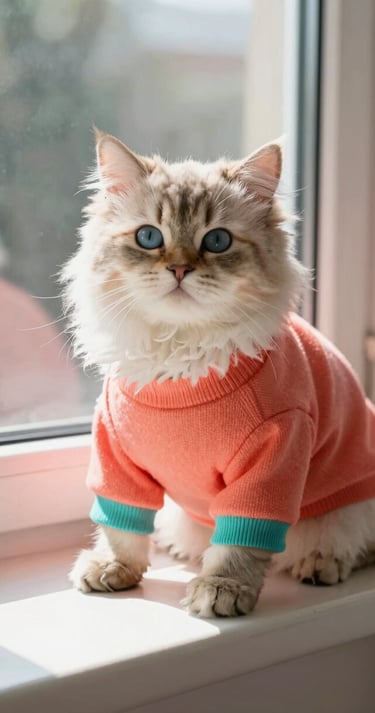 Un gatito esponjoso de pelo largo con ojos azules con un suéter rosa para mascotas sentado 