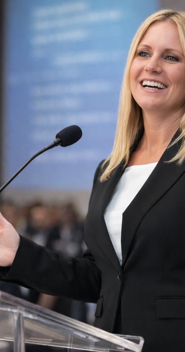 A blonde female professional in a black blazer giving a keynote speech at a business conference.