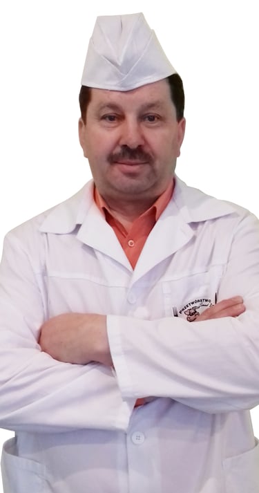 a man in a white lab coat and a chef hat