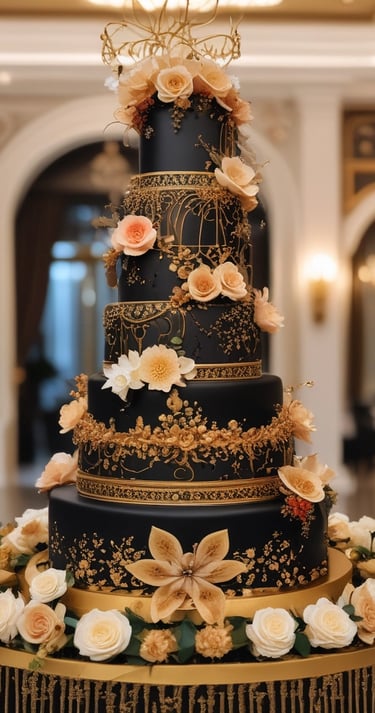 A beautifully designed black and gold wedding cake adorned with intricate floral details.