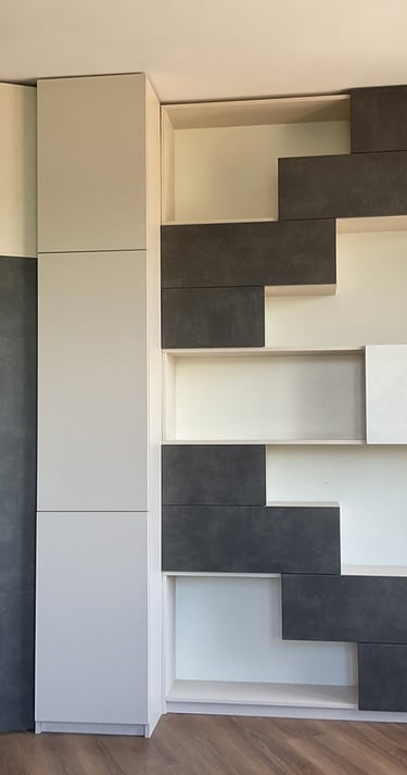 A photo with wall mounted furniture with open space and laminated doors in white and walnut brown