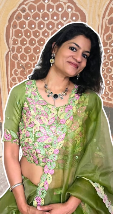 Woman wearing statement necklace and earrings from Iridezza Fusion Looks Jaipur Edit.