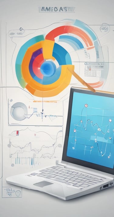 A professional workspace with a laptop and documents scattered around.