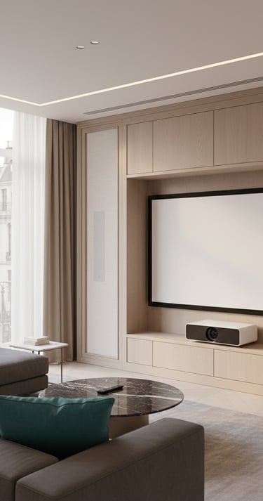 Custom media room in Manchester with a fixed frame projector screen and an ultra short throw project