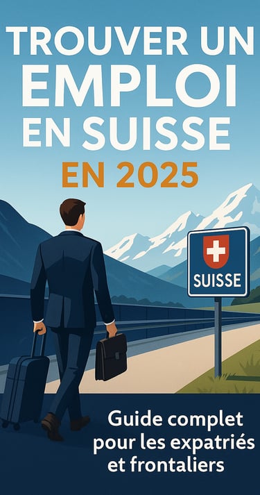 “Trouver un emploi en Suisse en 2025” — illustration d’un expatrié en costume traversant la frontièr
