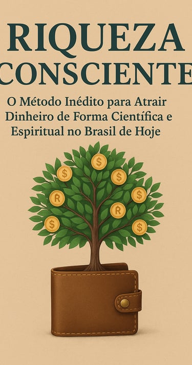 Capa do e-book "Riqueza Consciente" com ilustração de uma árvore de moedas crescendo em uma carteira