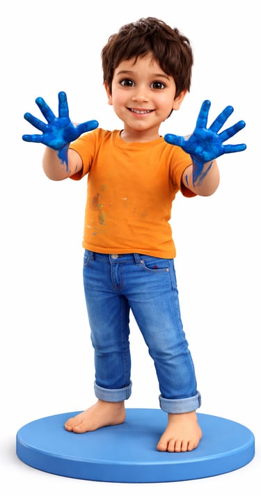 A smiling young boy in an orange t-shirt showing his hands covered in blue paint during a creative art activity.
