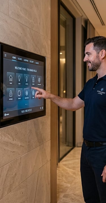 A man uses a wall-mounted smart home automation touchscreen panel in a luxury villa. By almaa techs