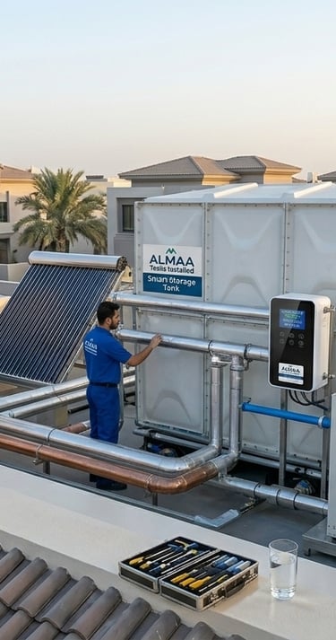Technician installing an Almaa smart storage tank and solar water heating system on a modern rooftop.