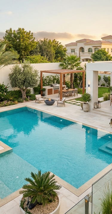 Luxury modern villa with a blue swimming pool, landscaped garden, and outdoor patio furniture.