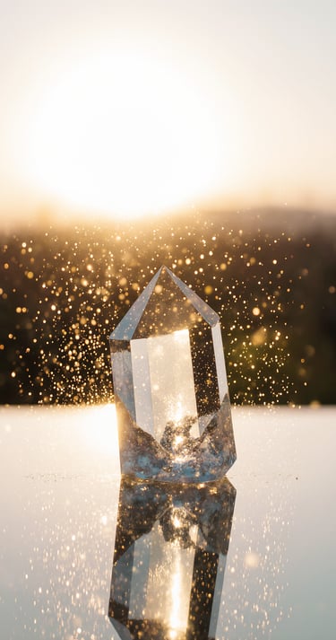 a crystal crystal cube on a reflective surface